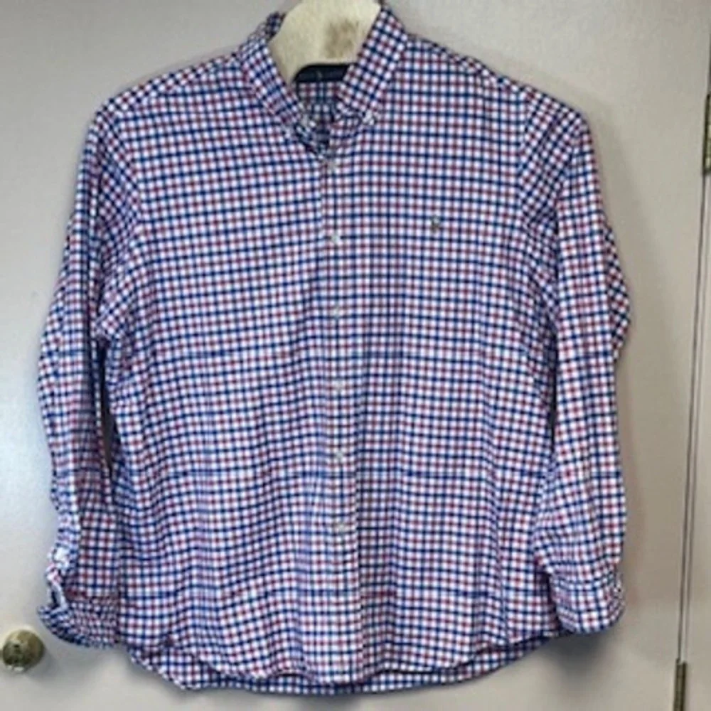 Ralph Lauren Mens Gingham Button Down Shirt Long Sleeve Red Blue White XXL‎ TTG